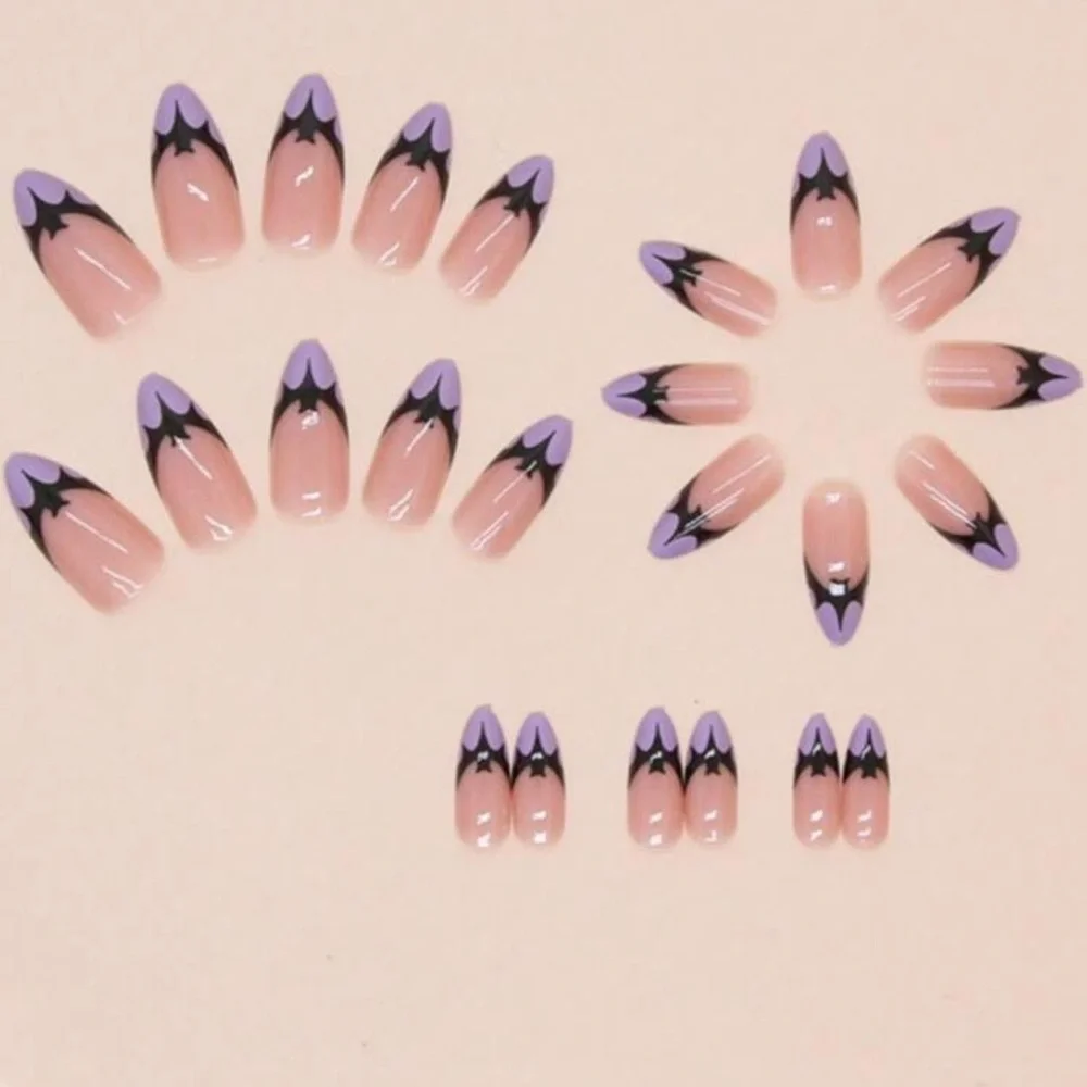 Halloween Purple Bat French Manicure 24 Piece Set Press On Nails